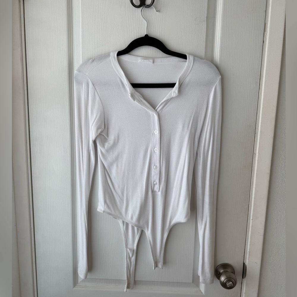 White Long-Sleeve Henley Bodysuit - Women